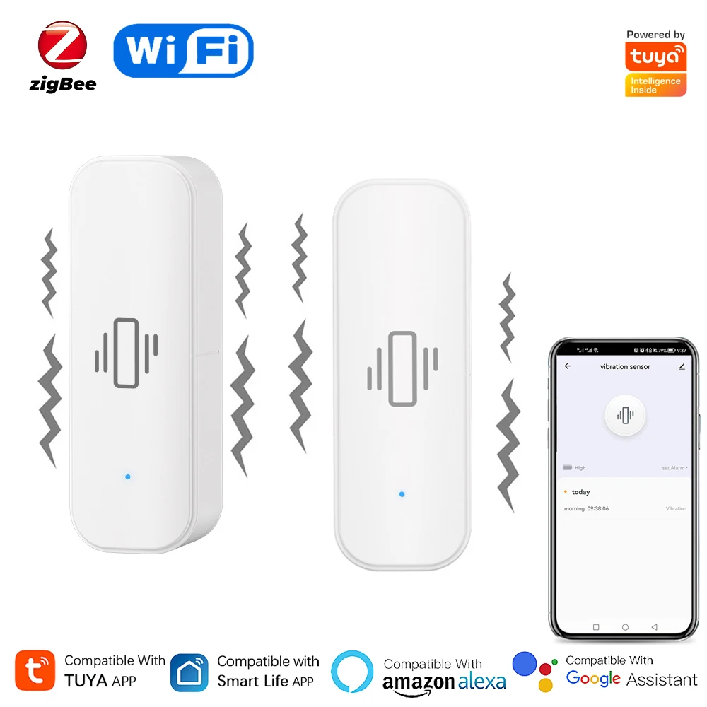 Sensor de vibración inteligente Tuya WiFi/Zigbee, protección de seguridad para el hogar, aplicación Smartlife, Monitor remoto en tiempo Real,