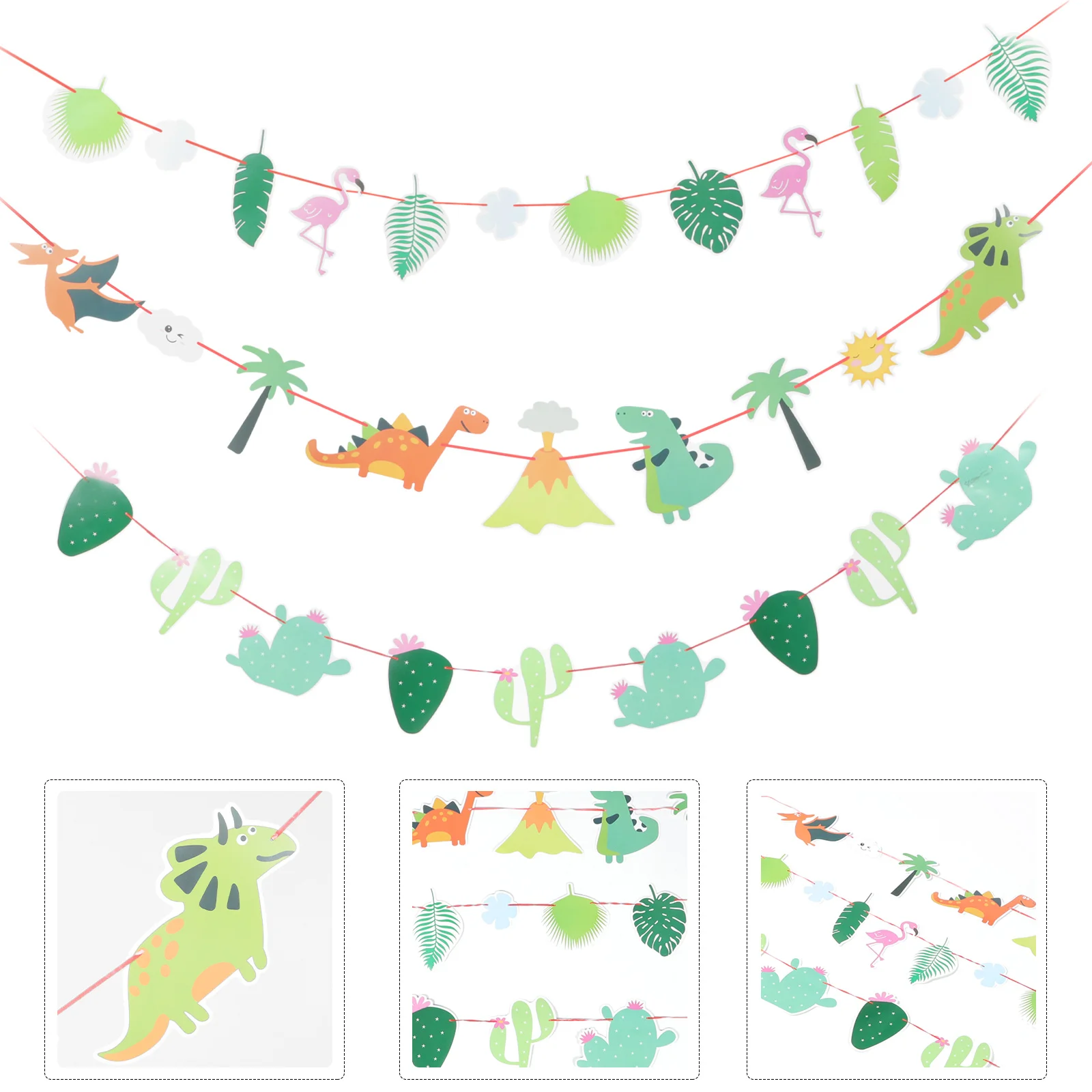 

3Pcs Dinosaur Party Pull Flags Tropical Birthday Decorations Hawaiian Garland Tiki Leaf Banner Leaf Garland Jungle Decorations