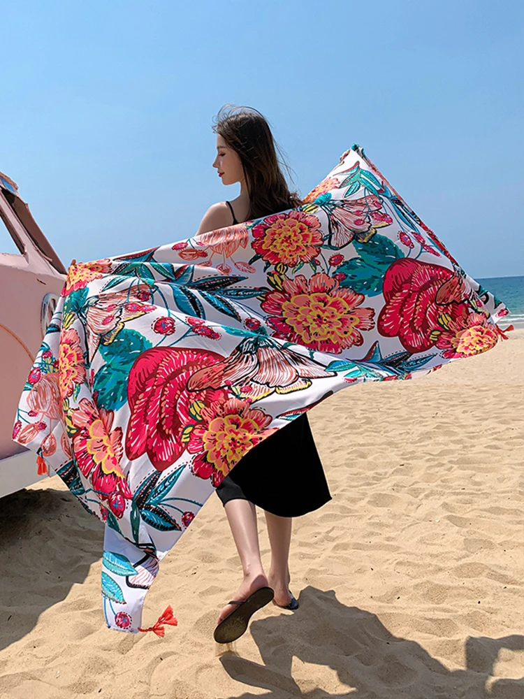 Summer Silk Scarf Women Sarong Beach Wrap Lady Female Bikini Cover Up Sunscreen Bandana Hijab Femme Mujer Scarve Bufanda Stoles