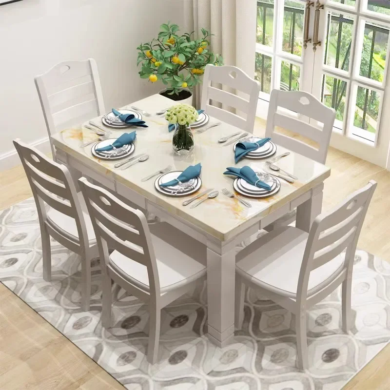 مجموعة طاولة طعام وكرسي من الخشب الصلب، شقة صغيرة، رخام، طاولة طعام غربية، مستطيلة #4