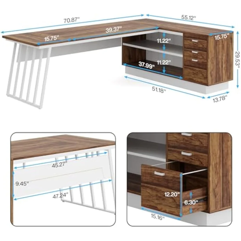 71 inch directiebureau, L-vormig bureau met kast, groot bureau met lades en opbergplanken, schrijftafel computerbureau