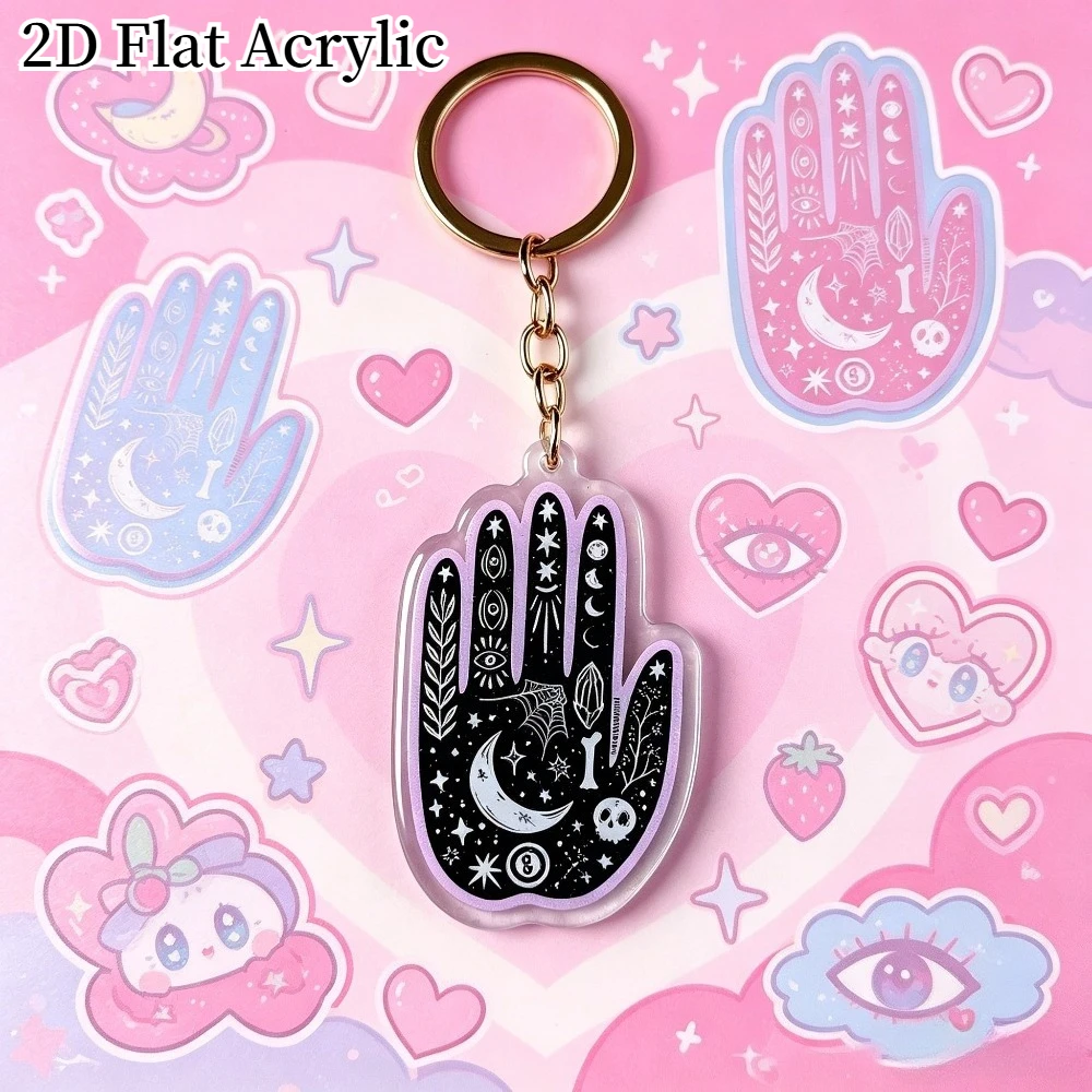 This wizard-themed hand-shaped acrylic keychain features a sweet yet edgy and mysterious design; perfect as a gift.
