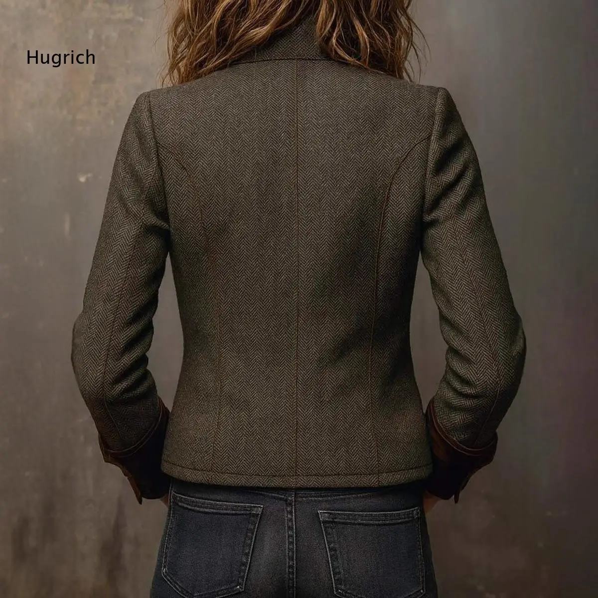 Women Olive Green Herringbone Tweed Jacket With Velvet Trim Button Front Long Sleeve Casual Autumn Outerwear With Chest Pocket