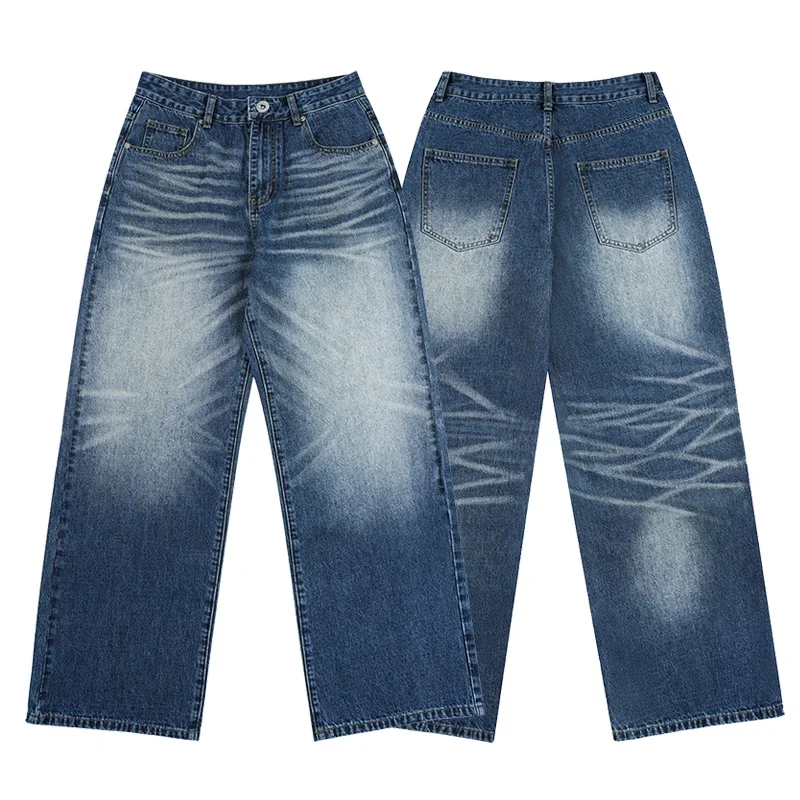 Loose Straight Men's Jeans Classic American Whiskers Retro Washed Denim Pants Loose Wide-leg Fashion Street All-match Trousers