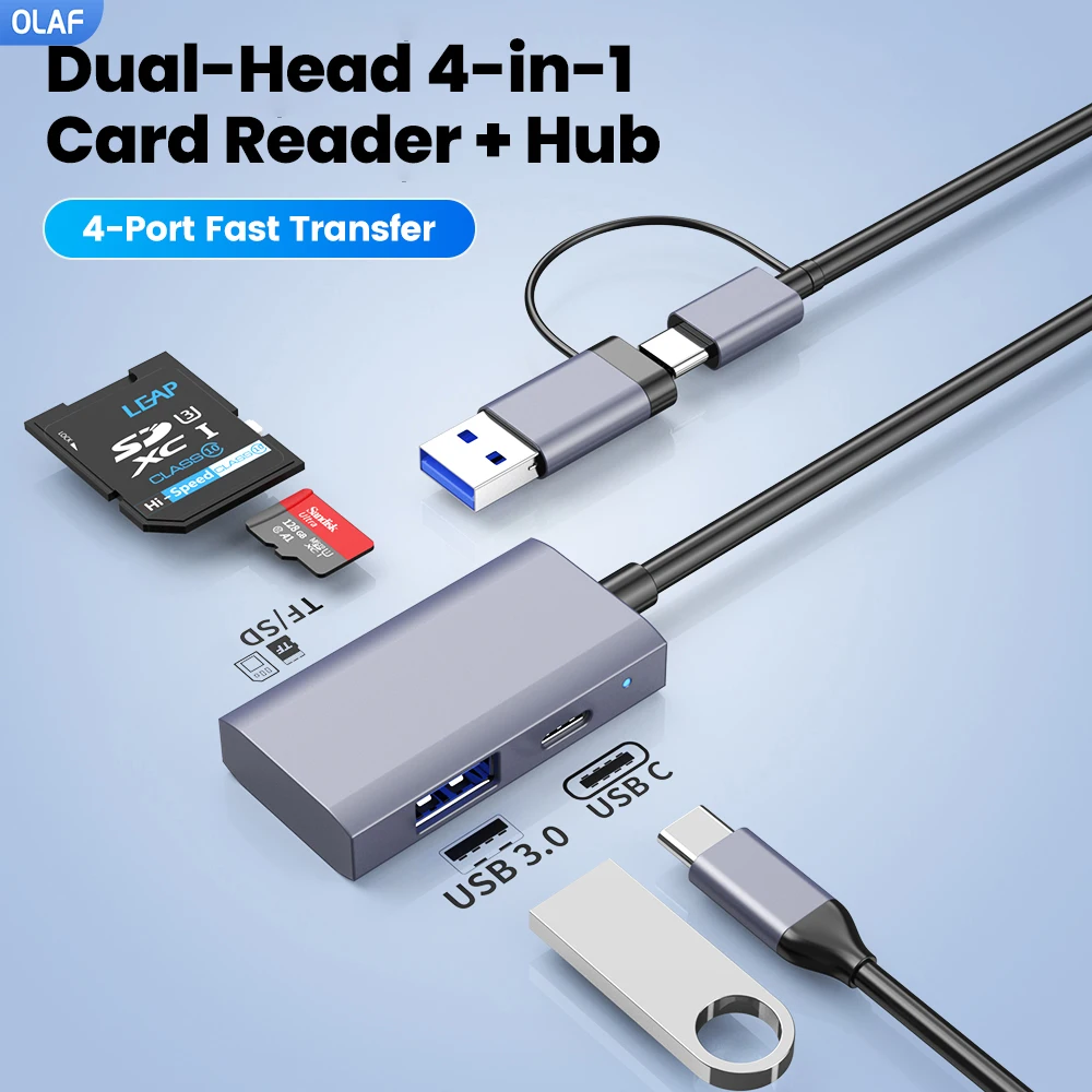 

Устройство чтения карт 4 в 1, концентратор с двумя головками, USB 3,0 TF, SD-кардридер, адаптер USB Type C OTG для Macbook, Samsung, Huawei, Xiaomi, ноутбука, телефона
