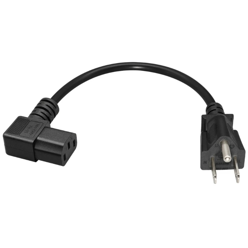 Black Replacement Power Cord with Molded Strain-Relief Sleeves, 3-Prong Male End, and Left-Angle Three-Slot Female End for