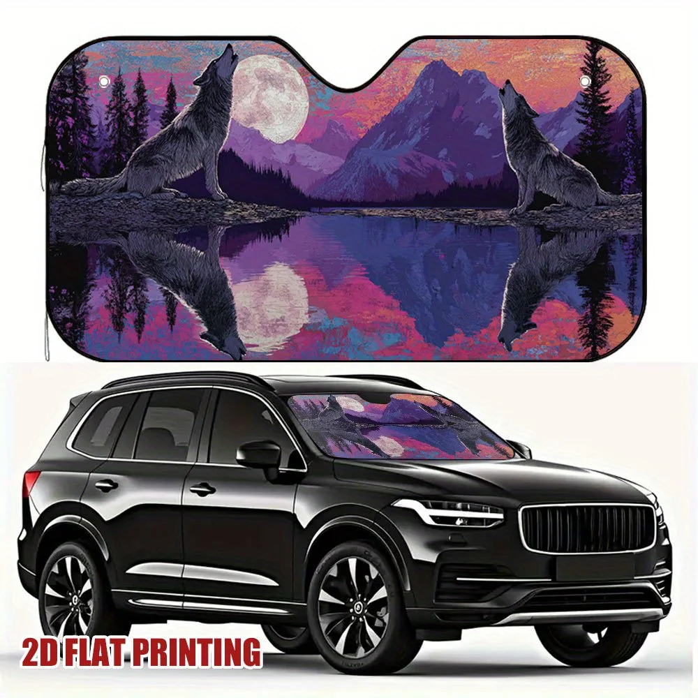 1pc Howling Wolves Moonlit Lake Scene Multi-Functional Car Sun Shade, Suitable For Any Season, Keeps Your Car Comfortable