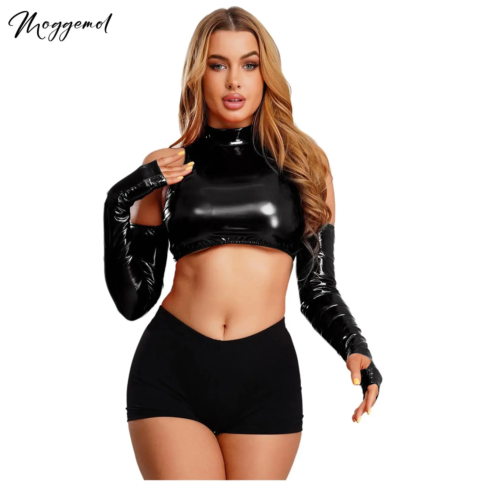 Womens Glossy Leather Cropped Top Cold Shoulder Long Sleeve Hollow Out Back Mock Neck Pullover Top for Club Party Music Festival