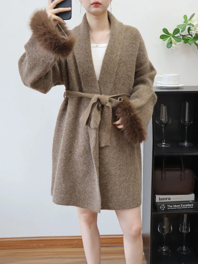 두꺼운 니트 코트 고품질 울 소매 스플라이스 레이스업 가디건 2025 가을 겨울 한국 우아한 스웨터 재킷 여성용