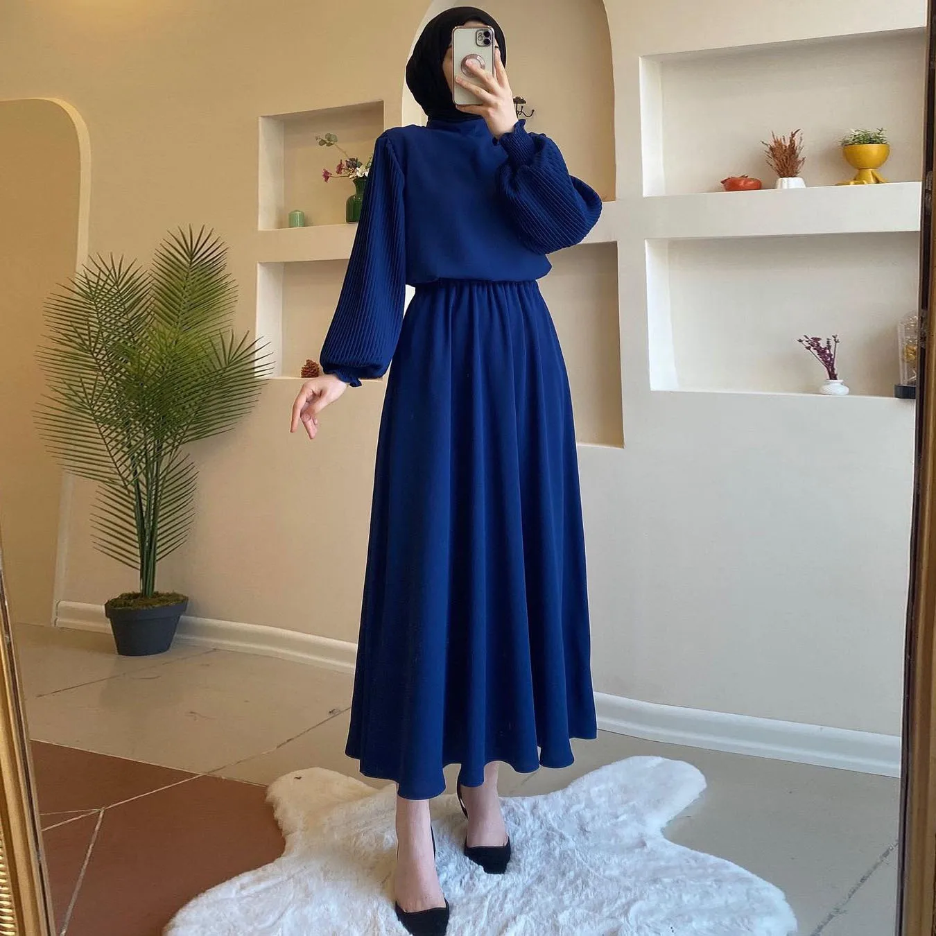 Women Eid Muslim Dresses Dubai Morocco Lantern Sleeve O Neck Party Dress Pleated Solid Loose Casual Long Robe Kaftan Abayas