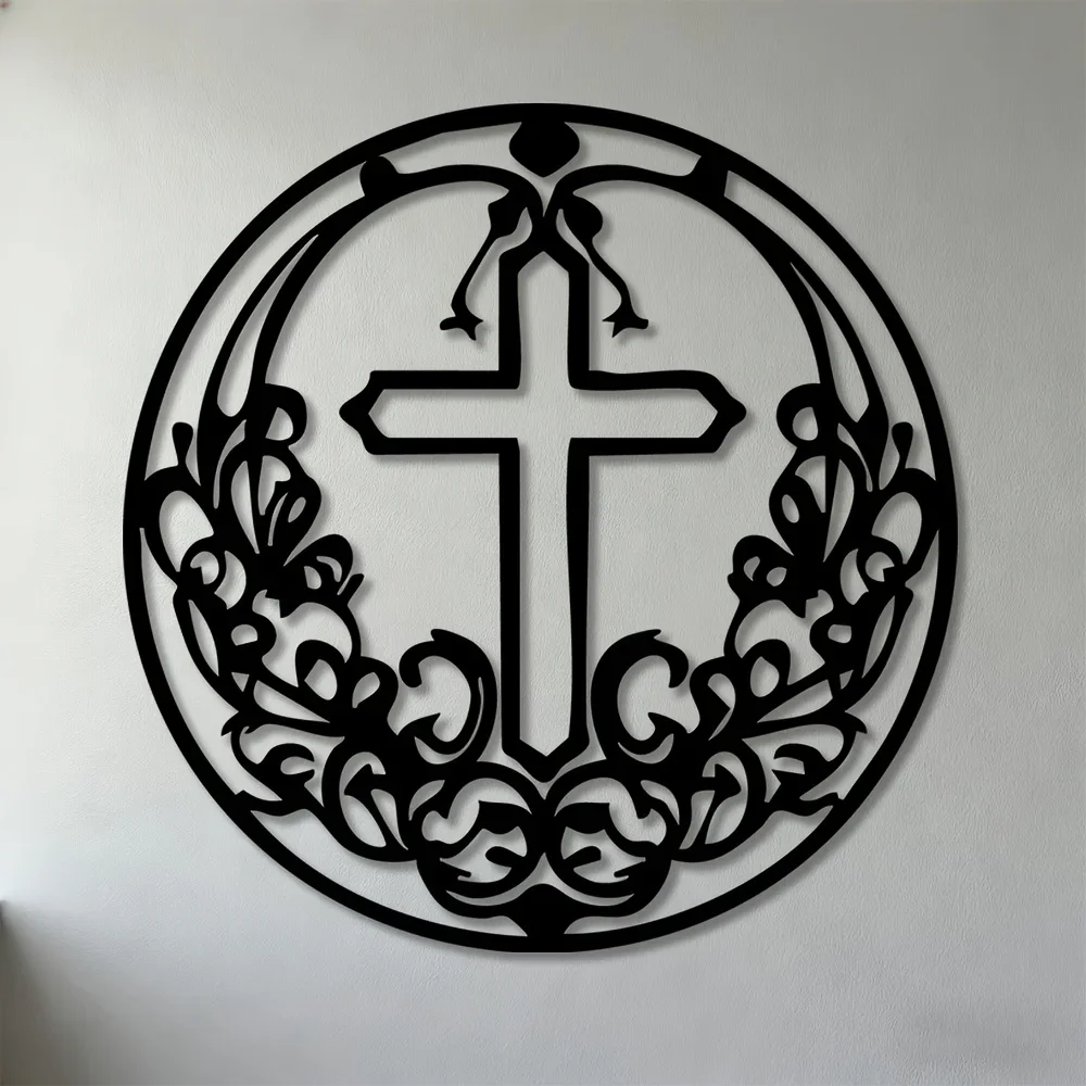 CIFBUY Metal Wall Art Cross Laurel Wreath Iron Sculpture Rustproof Waterproof Elegant Decor For Home Church Ornament