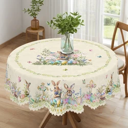 1 Rond Pasen-tafelkleed, 5 maten beschikbaar, Paaskruis-konijn-eierenprint-tafelkleed, randreliëfproces, lentetuintafelkleeddecoratie, tafelkleed voor dagelijkse thuiskeuken, terrasgebruik, paasdecoratie