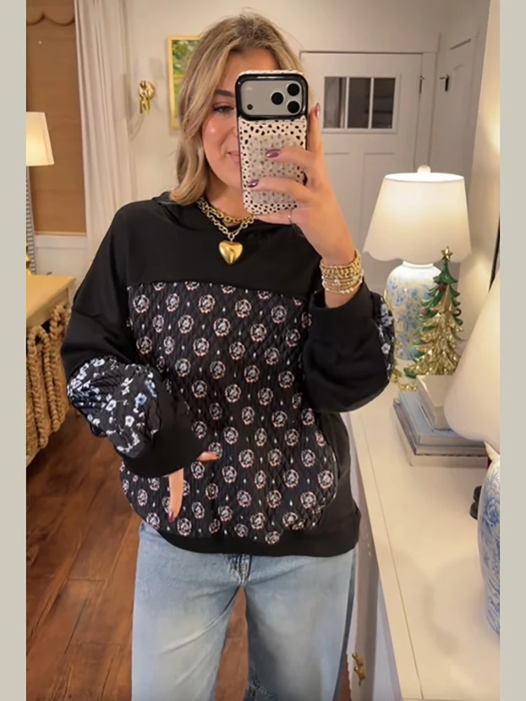Vintage Gesteppter Blumen-Patchwork-Hoodie mit Langen Ärmeln, Kontrastfarbenem Kapuzenpullover, Boho Lässiger Lockerer Pullover mit Tasche – Detail 5