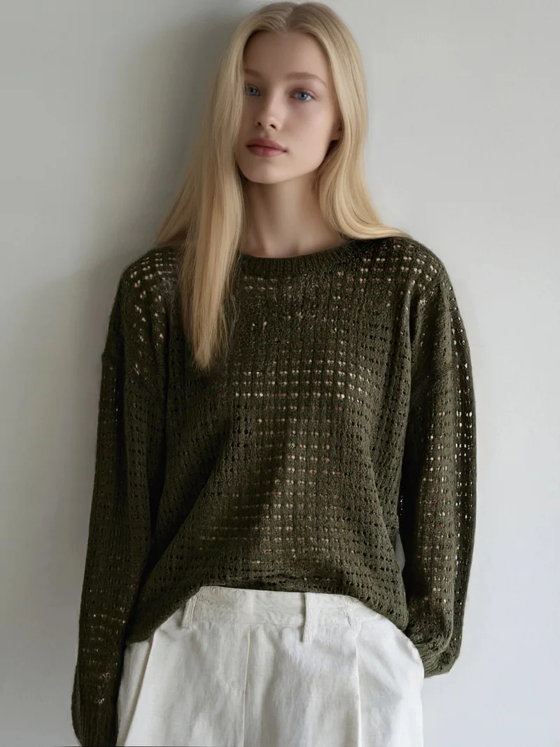 

Slouchy Loose Knit Sweater Eyelet Wool Cashmere Knitted Pullover Tops