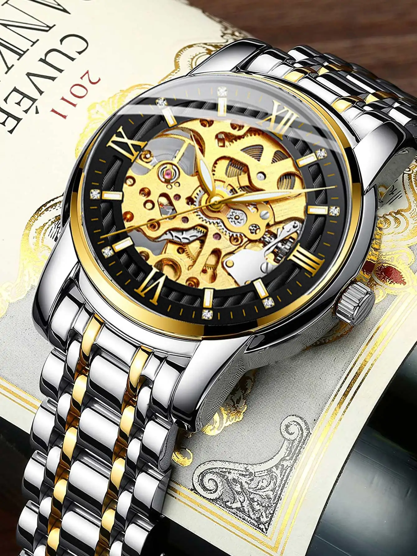 BIDEN Classic Mechanical Watch Luxury Diamond Dial Luminous Hands Gold Skeleton Automatic Men's Watch Stainless Steel StrapWatch