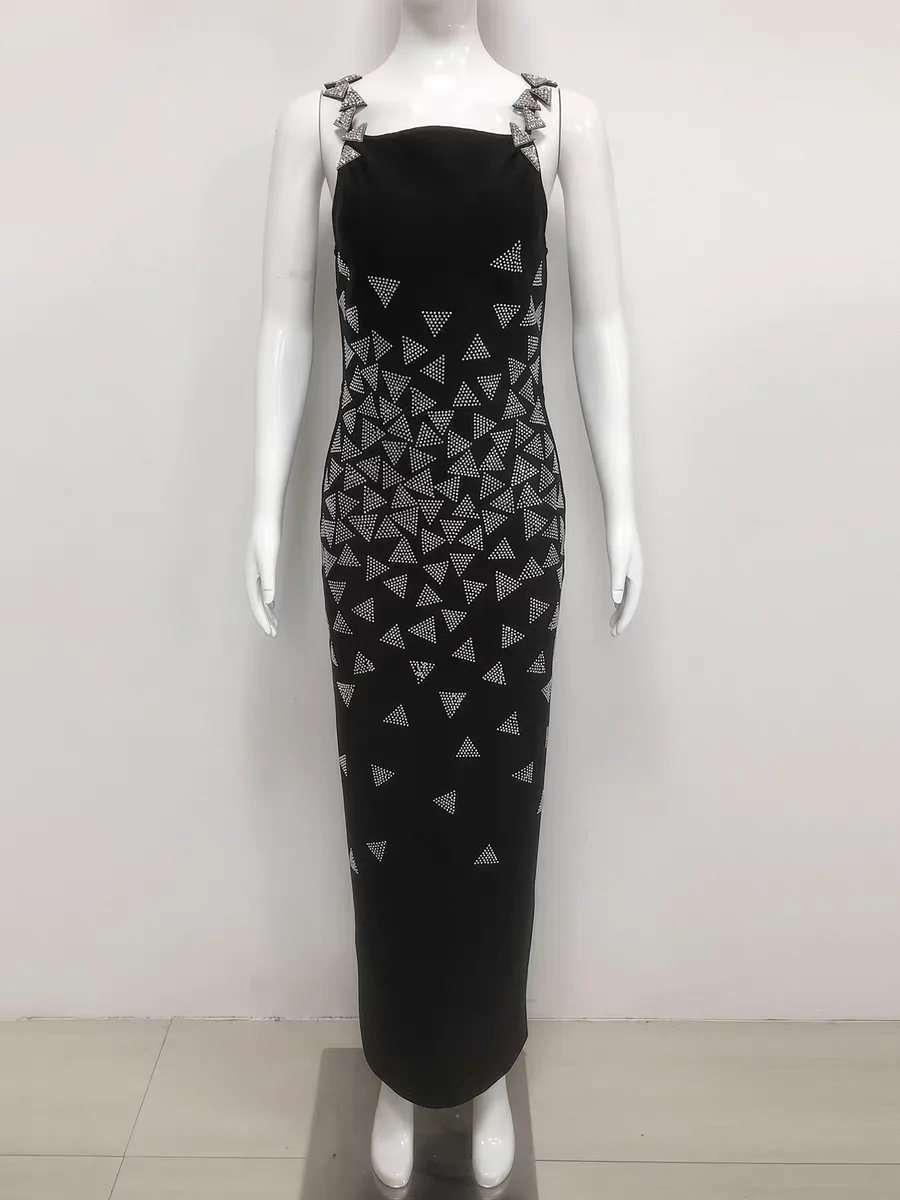 customized evening dress black strappy maxi dress with triangle rhinestone embellishments for modern cocktail parties