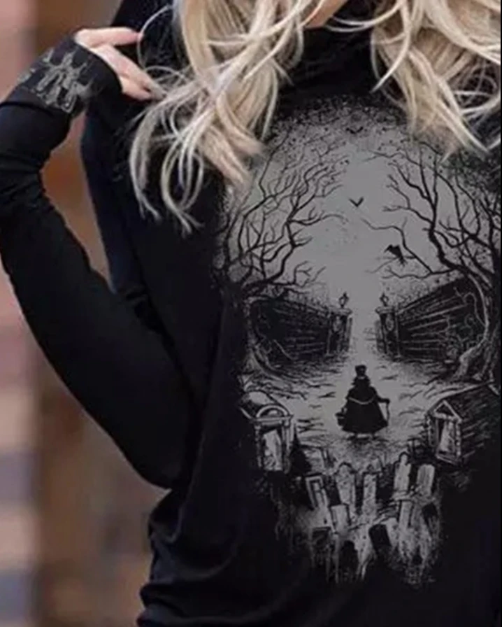 Damen Hoodie Tops lässig Herbst und Winter Mode Halloween Schädel Grafik druck Kapuze Langarm Sweatshirt