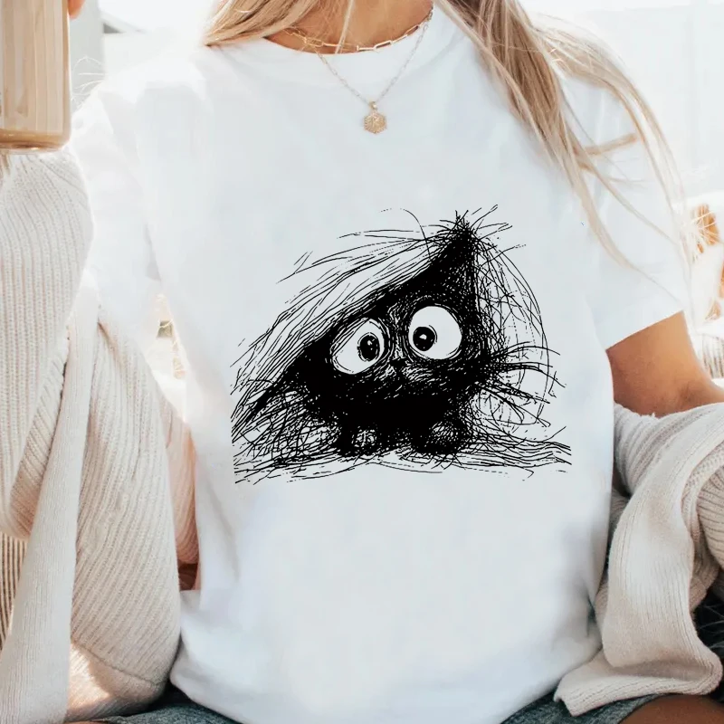 Vintage Black Cat T-Shirt Cute Scribble Graphic Tee Casaul Round Neck Printed Cotton Short Sleeve Tshirts Men Women Cat Lover