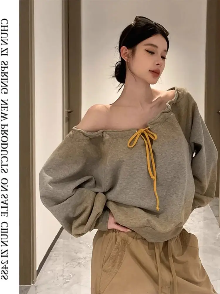 韓国風スレッドストリングオフショルダーヴィンテージオンブレスウェットシャツ女性用秋のゆったりとした美しいユニークなロングスリーブミートコン...