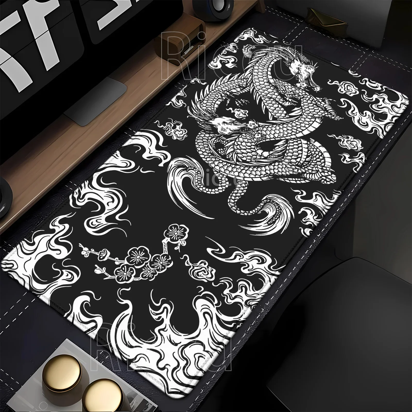 Dragon Gaming Mauspad, großes Gamer, Schwarz-Weiß-Mauspad, Computer-Gaming-Tischteppich, XXL-Mauspad, Gummi, Tastatur, Schreibtischunterlage