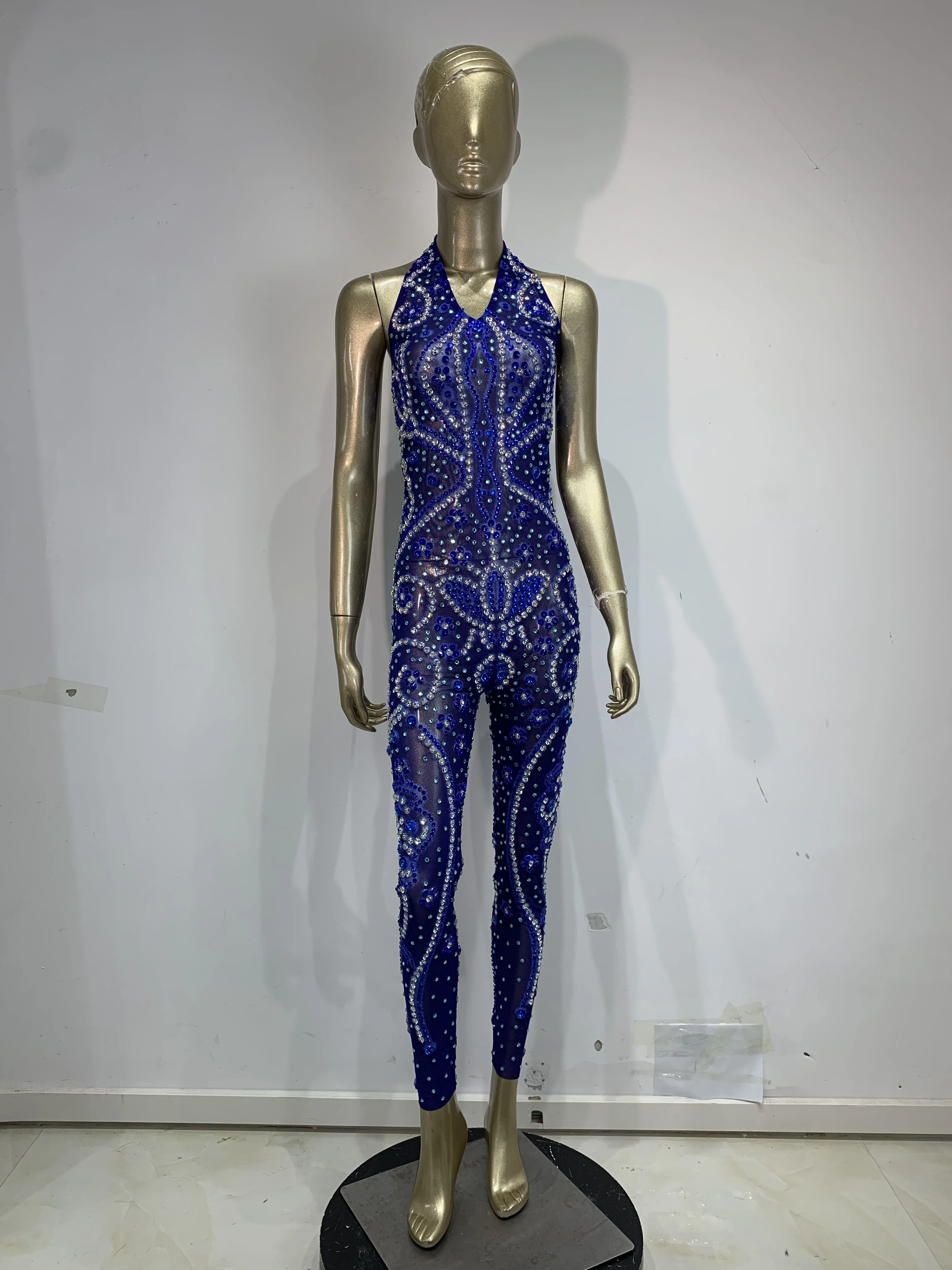 Sparkly Rhinestones Sexy Mesh See Through Jumpsuit Stage Performance Costume Birthday Party Singer Dancer Nightclub Outfit