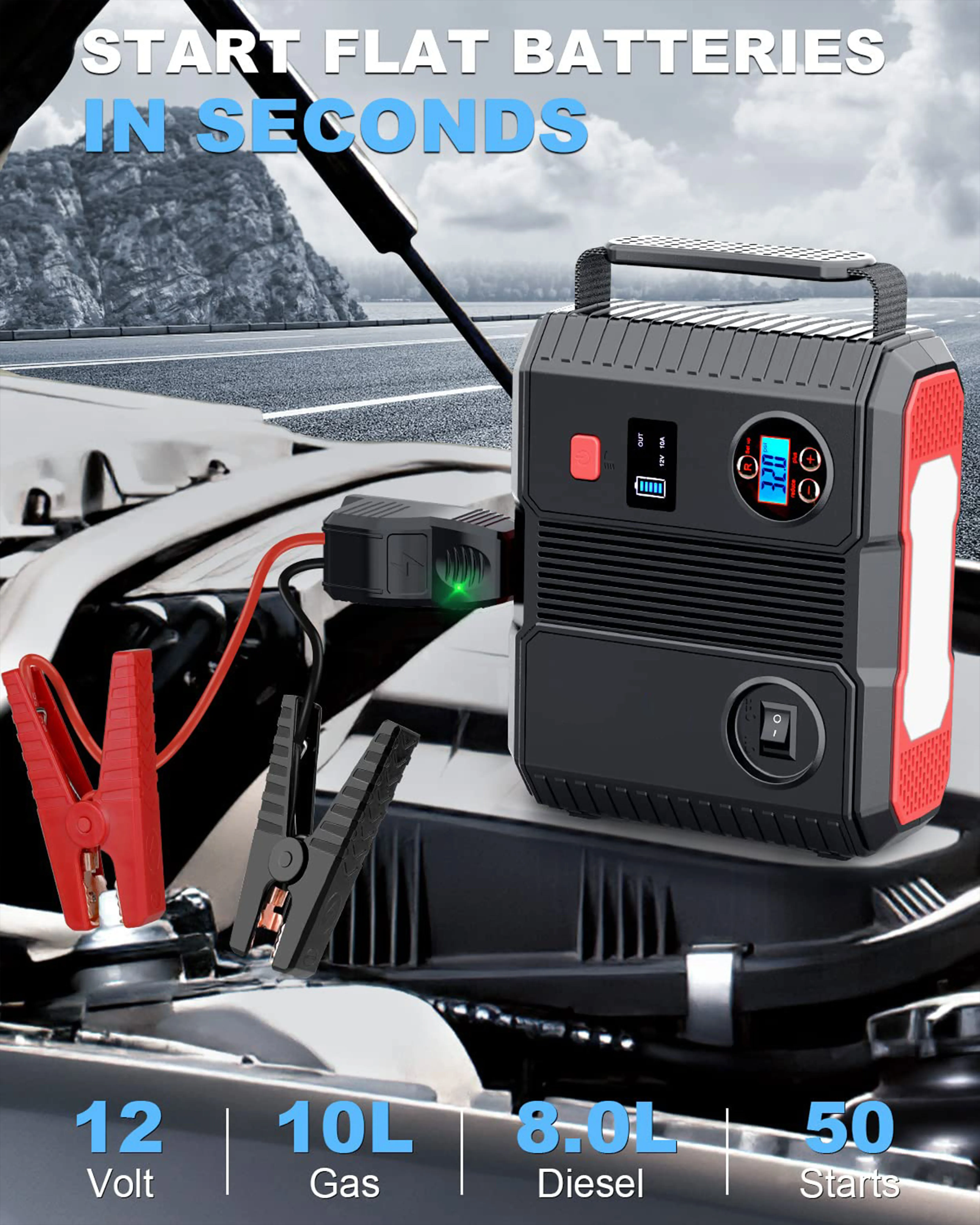 Large Power Peak 3000A 24000Mah Car Jump Starter With Air Compressor High Quality Portable Car Jump Starter With Air Compressor