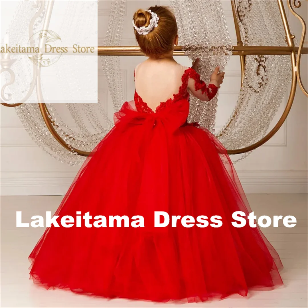 Customization Flower Girl Dresses Red Tulle Appliques With Bow Long Sleeve For Wedding Birthday Party First Communion Gowns