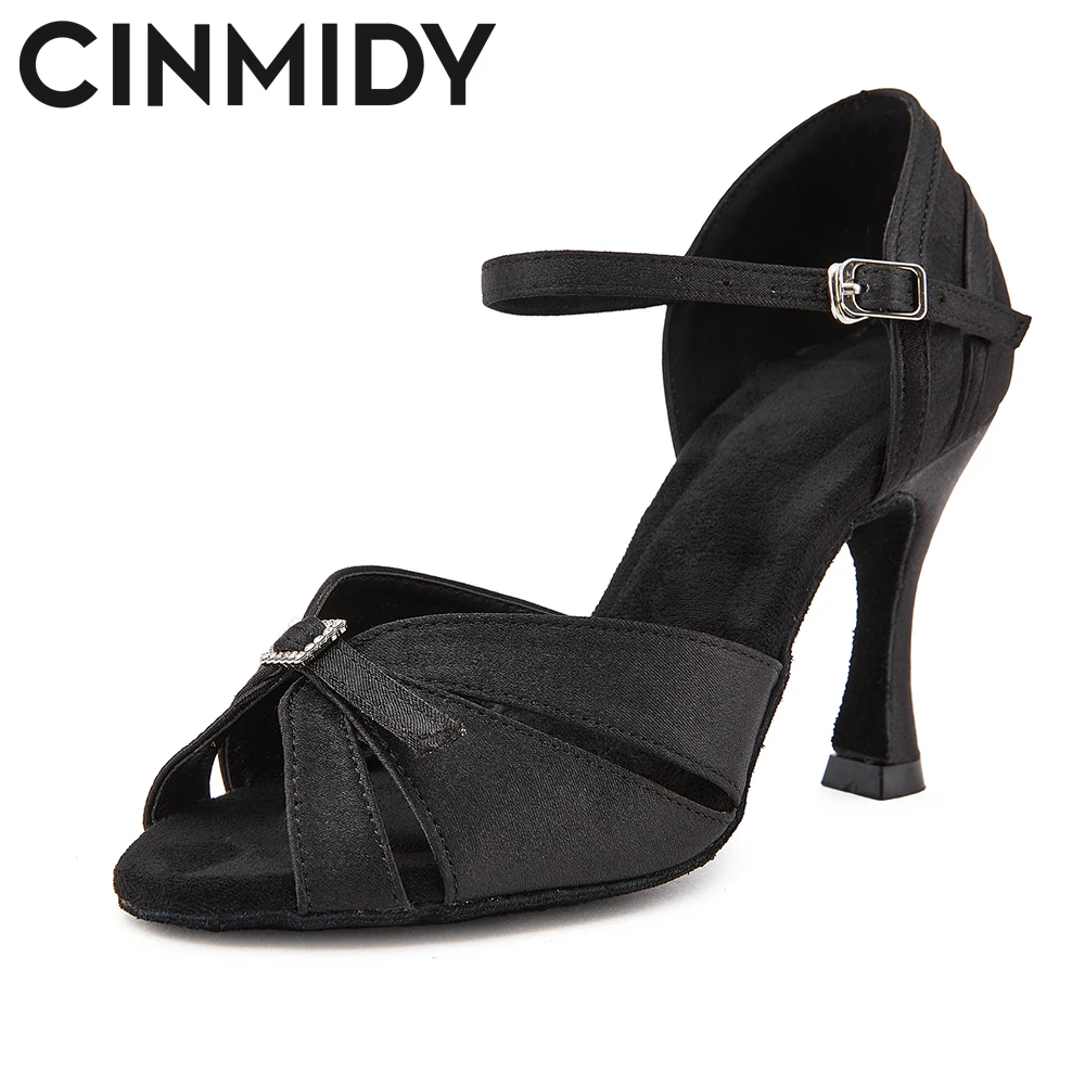 

CINMIDY Black Silk Satin Dance Shoes For Women Adjustable Width And Narrowness Tango Latin Dance Shoes Stable Heel Party Shoes