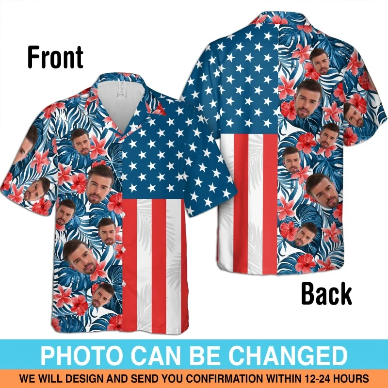 Customized Portrait Graphic Hawaiian Shirt For Men Flower 3D Printed Short Sleeve Summer Loose Street Aloha Shirts Lapel Blouses