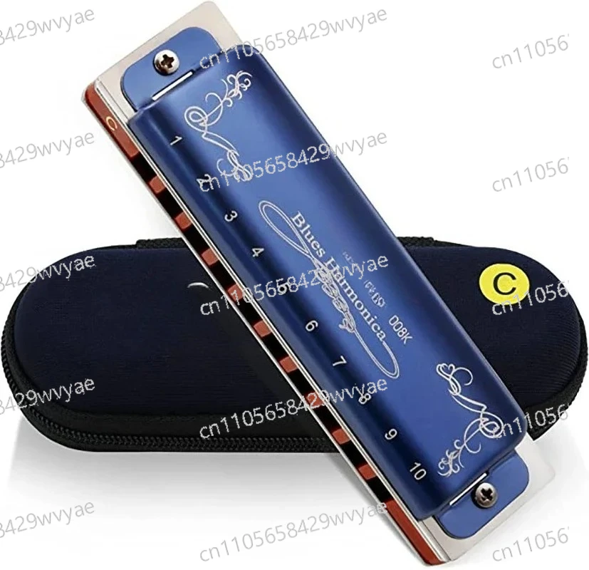 Top Notch Harmonica 008K Blues Harmonica Mouthed Organ 10 Hole 20 Tone Double Blues Harmonica, Blue Case