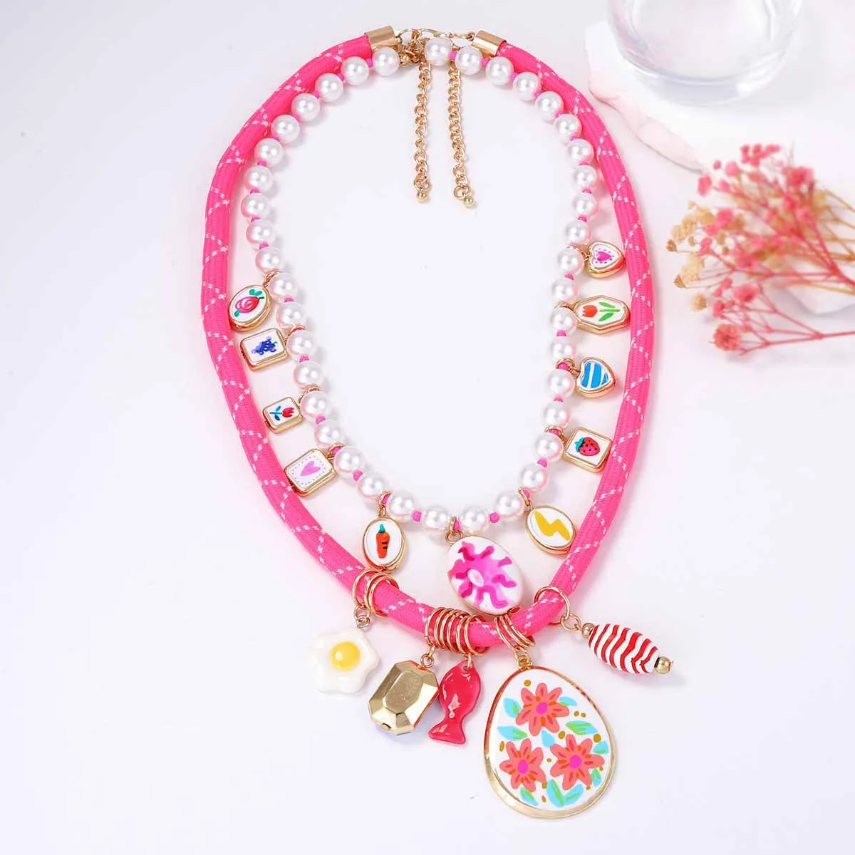 

ZAA 2025 Trend Pearl Necklaces Women Dopamine Enameled Flower Fruit Pendant Jewelry Charm Holiday Party Accessories