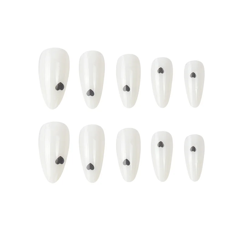 24 pcs White black small love drops almond nail simple French  Art Fake Nails Wearing Reusable Press on False Nails