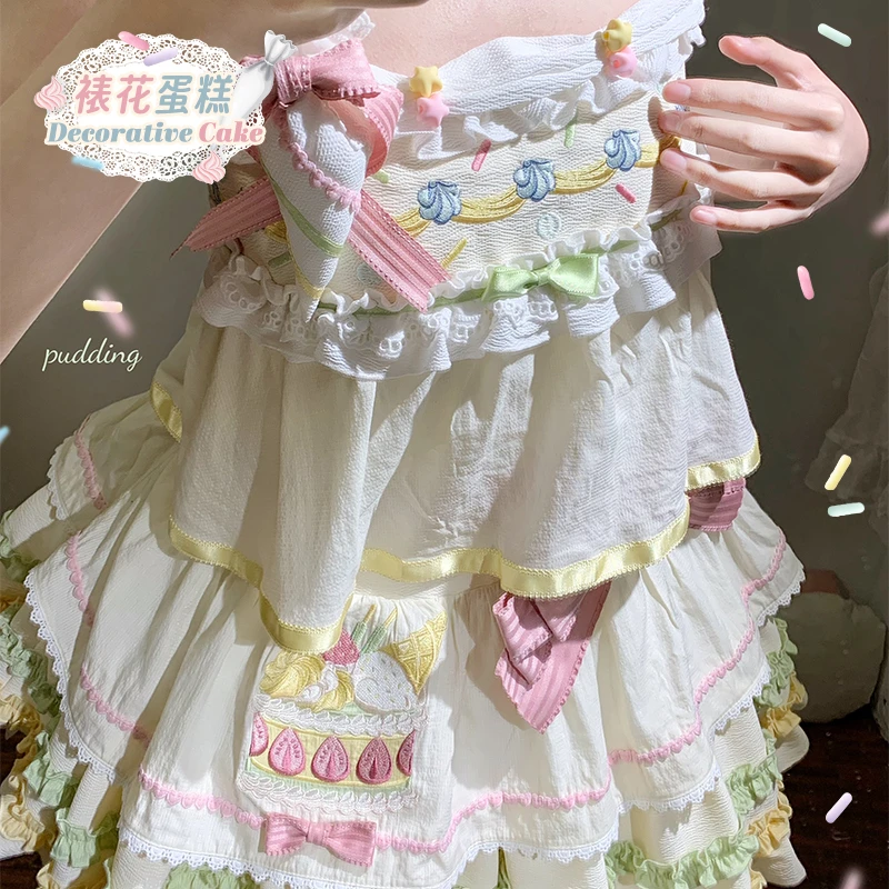 Original Lolita Split Sling Dress 2025 Summer Sweet Girls Japan Style Kawaii Top Mini Skirt 2-piece Set Daughter's Y2k Clothes