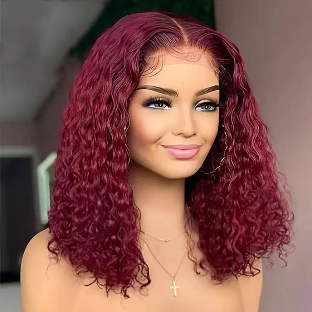 Perruque Bob Lace Front Wig 100% naturelle brésilienne, cheveux courts bouclés, bordeaux 99J, 13x4, 16 pouces, densité 180