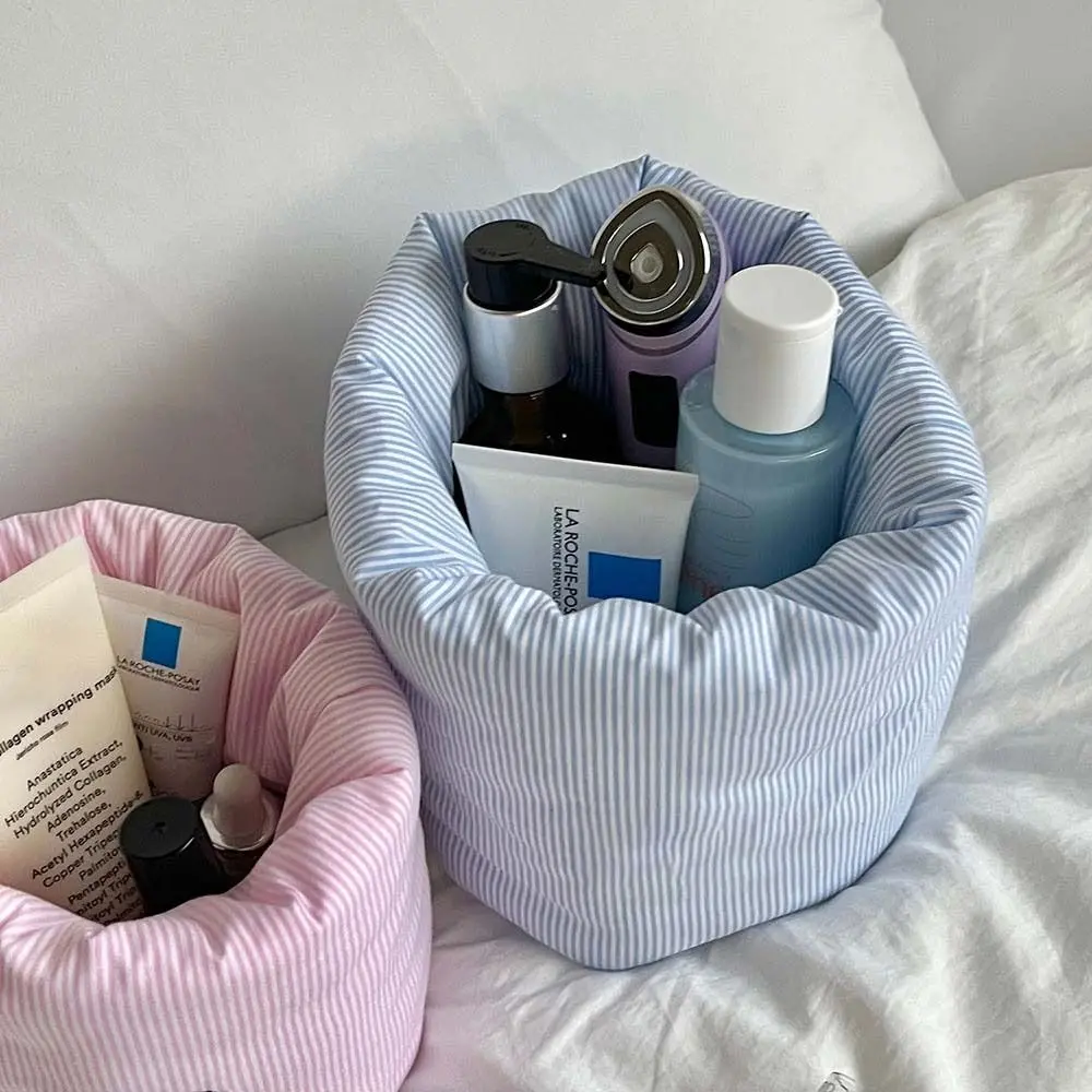 Item Organization Striped Makeup Bag Makeup Brush Storage Large Capacity Cosmetics Container Cute Cloth Storage Box for Bedroom