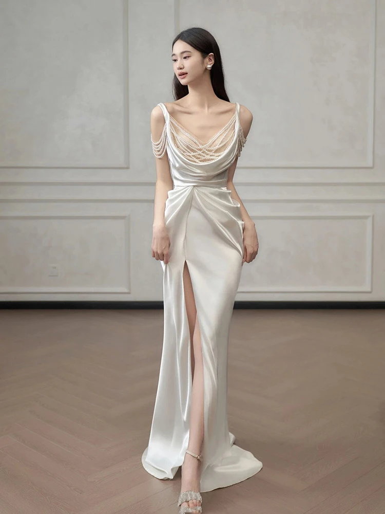 

Атласное свадебное платье Ele Bal Fi с жемчужными деталями, простое и элегантное, для молодых невест