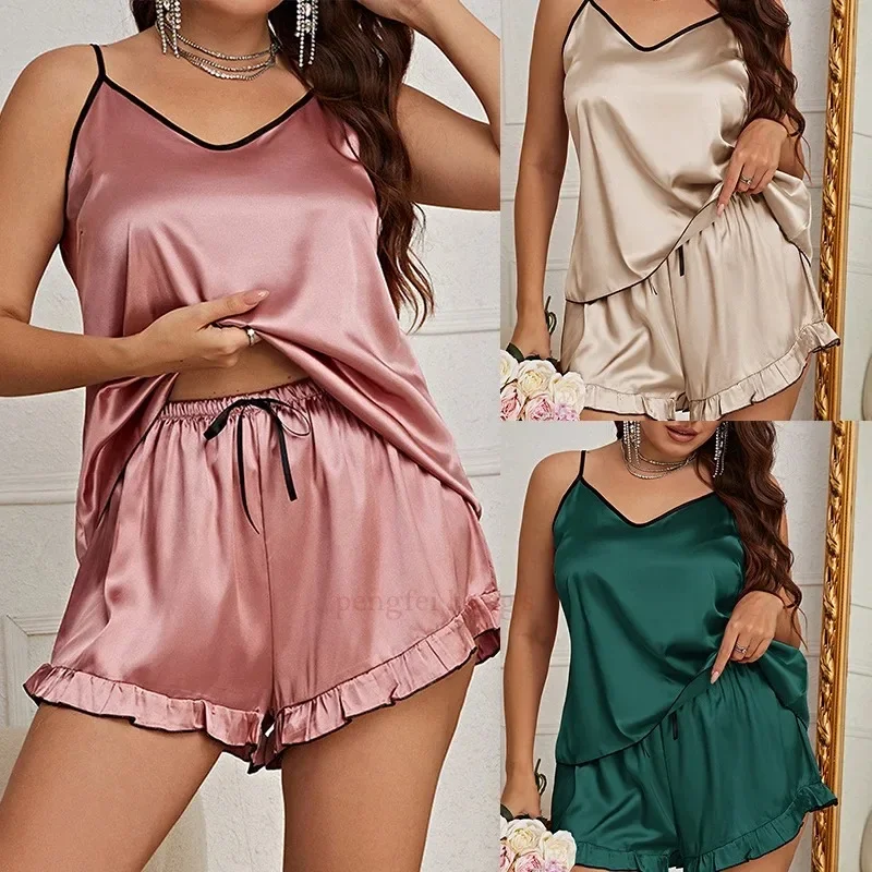 

Lady Summer Chemise Pajamas Suit Night Outfit Big Size 4XL 5XL Sexy Women Satin Nightwear New Sleepwear Cami&shorts 2Pcs Pyjamas