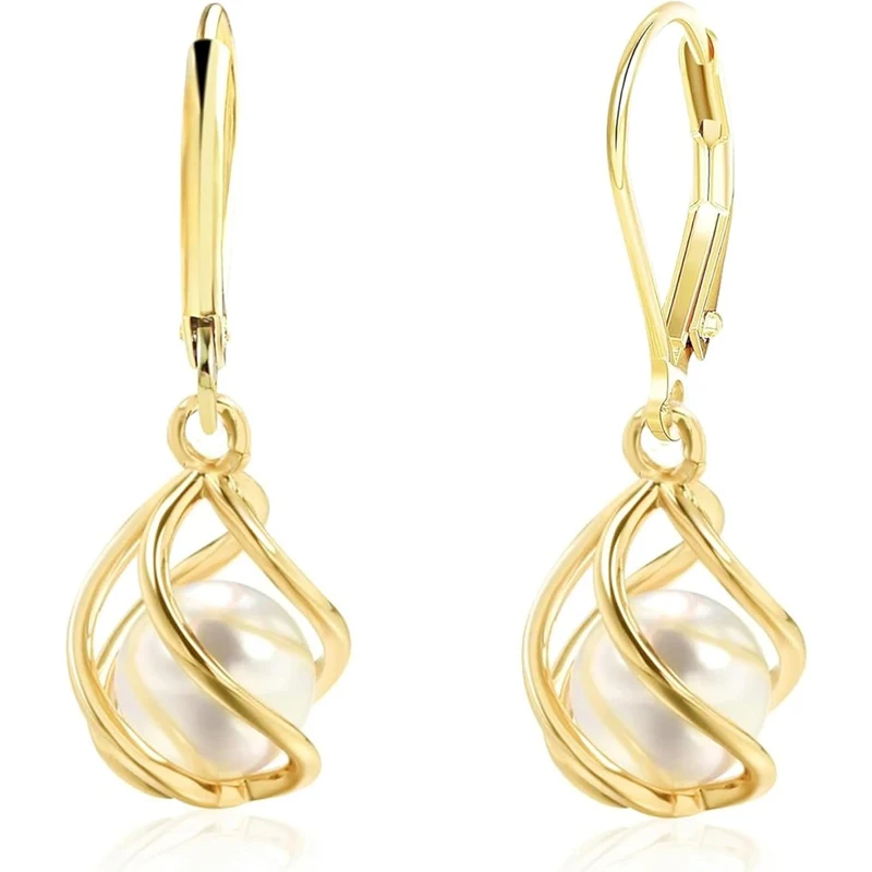 18K Gold Plated Caged Pearl Dangle Drop Earrings for Women Lightweight Leverback Dangling Teardrop Earrings Minimalist Jewelry