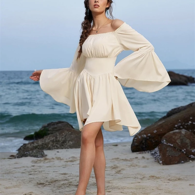 Vestido asimétrico por encima de la rodilla con hombros descubiertos, sin tirantes, cintura ahumada, mangas largas acampanadas, Color sólido, Mini para mujer, elegante cita de fiesta