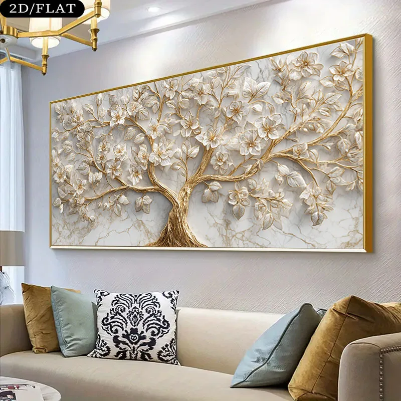 

2D Flat 1pc Extra Large Modern Luxury Canvas Wall Art - Unframed Golden Tree Marble Background Large Wall Decor for Living Room