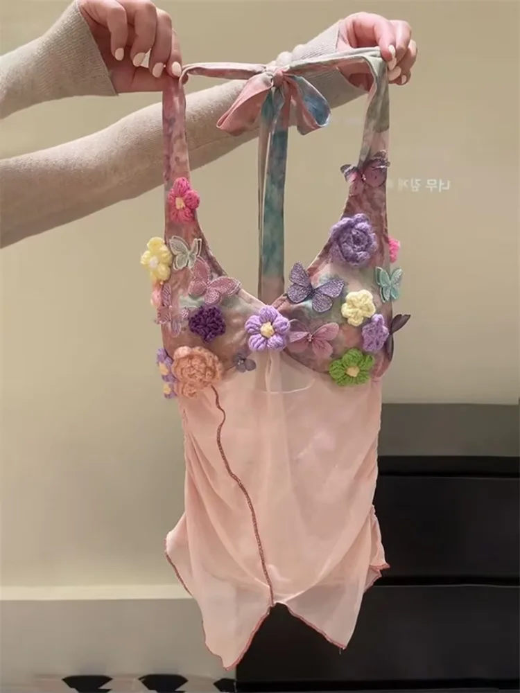 Irregular Heavy Halter Lace Up Sling Vest Dopamine Mesh Slim Korea Chic Ins Tanks All-match Trendy Hot Sell Moda New Tees