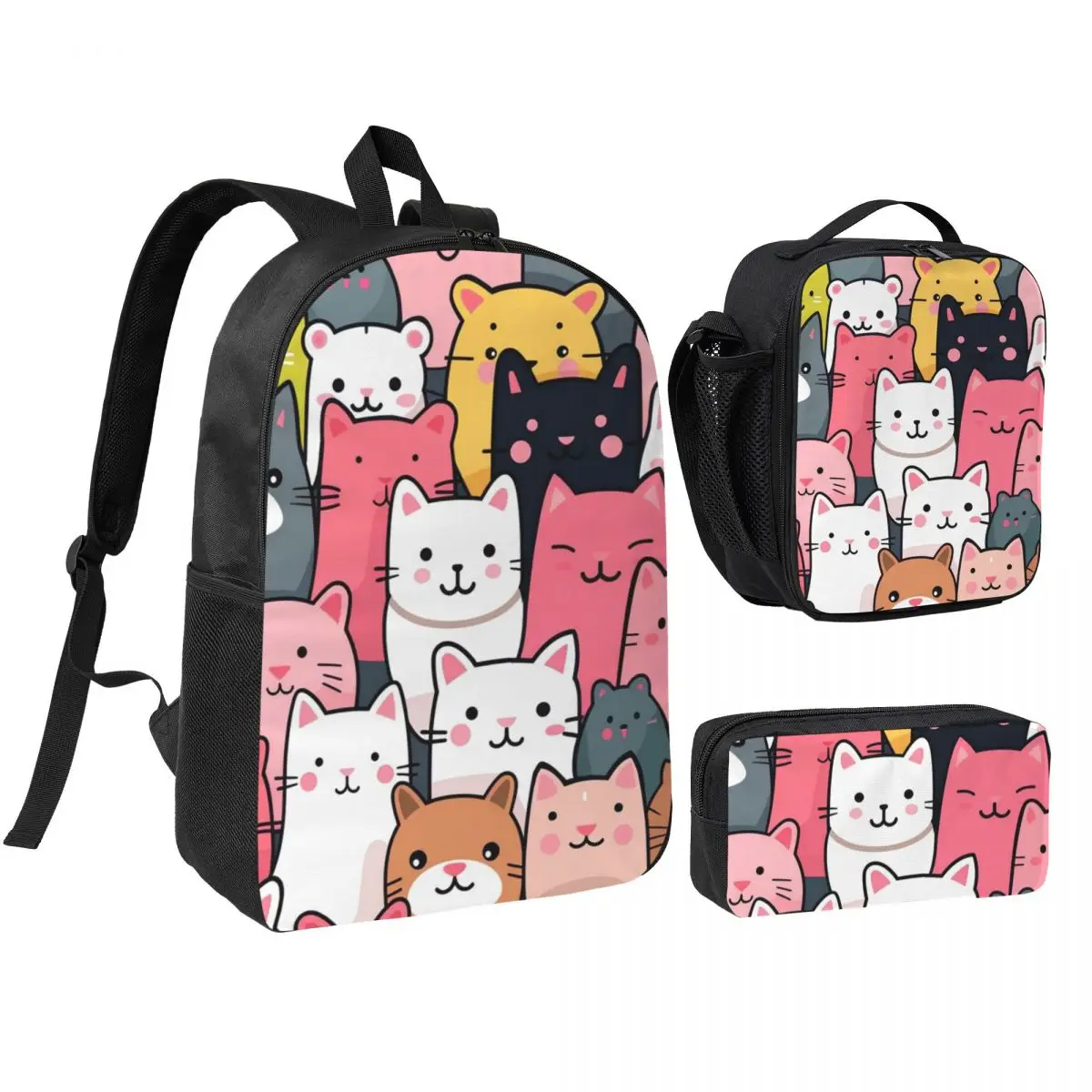 Cartoon Cat Kitten Pattern Backpack Student BookBag School Bag Shoulder Bags 3ps Insulated Lunch Bag Pencil Case