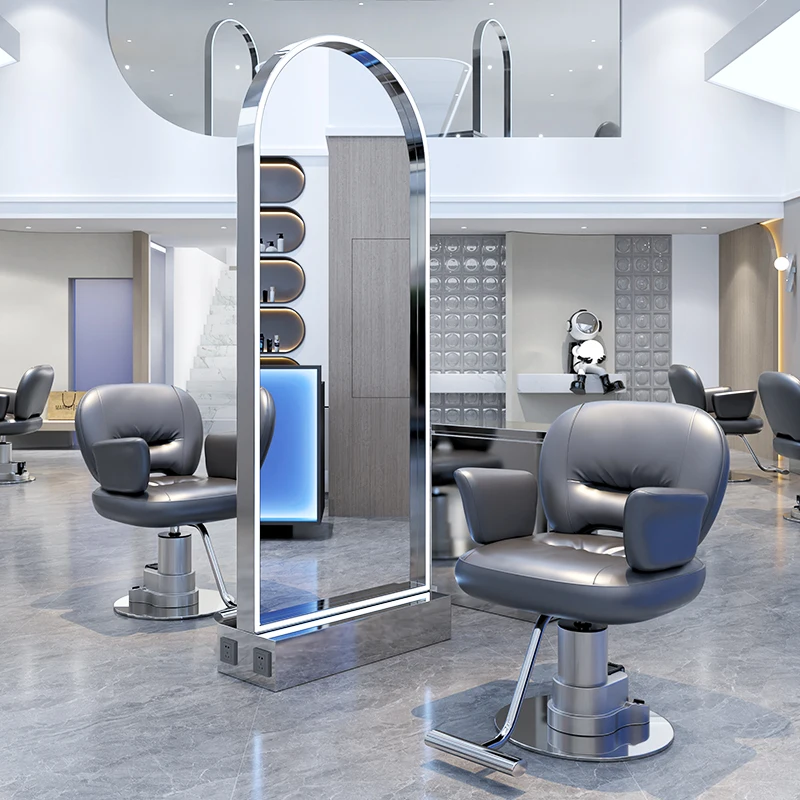 Espejo de barbero de lujo con luz italiana, muebles de negocios modernos, espejo de doble cara para peluquería, luz de relleno LED, espejo de piso