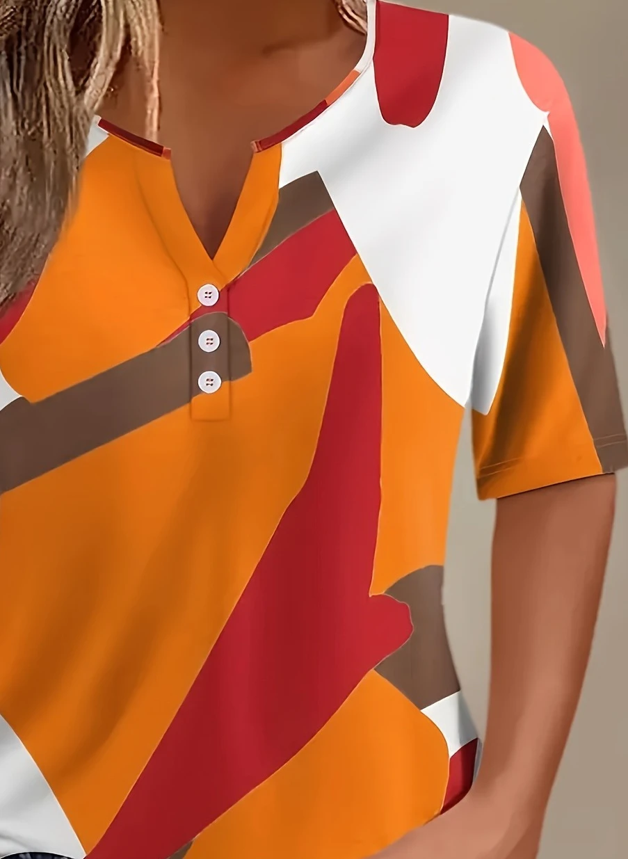 Plus Size 1XL-5XL Women's Spring and Summer Clothing Casual Color Blocked Short Sleeved T-shirt with Button Design on The Collar