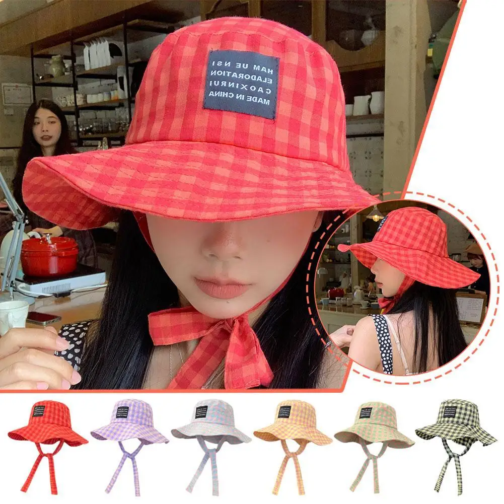 Retro Plaid Bucket Hat With Wide Brim Strap Sunblock Hat Women Summer Multi-functional Fashion Sunblock Sunscreen Fisherman Hat