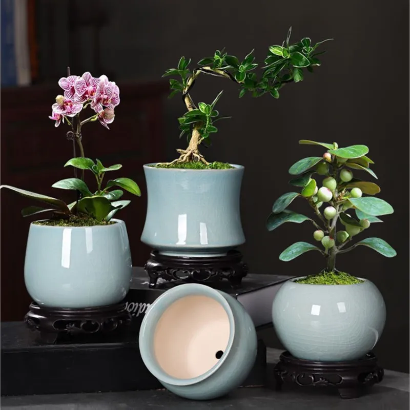 2023 chiński styl ceramiczny okrągły antyczny mała doniczka doniczka do Bonsai kreatywny prosty garnek do soczysty kwiat orchidei z podstawą LF117