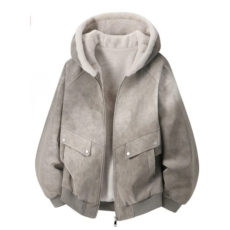 

2026 Men's and Women's Fashion High Street Winter New Clothes Jacket Hooded Fleece Couple's Coat Warm and Cold Leather Jacket