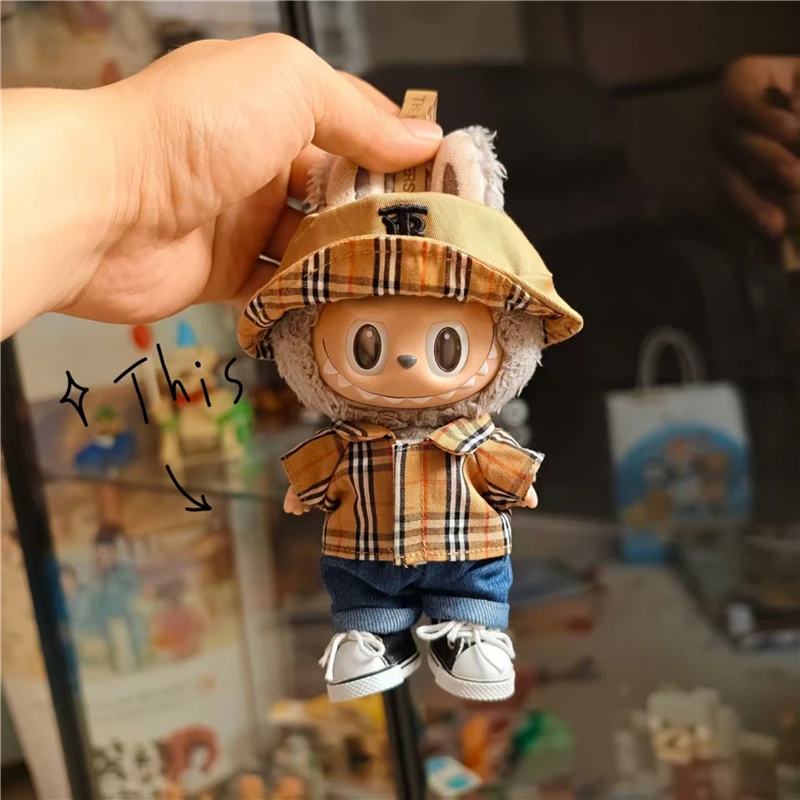 15 17cm For Labubu Doll Classic Dress Skirt Outfit Clothes Luxury Fisherman Hat Plaid Shirt Bag Shoes Set Clothing Accessories