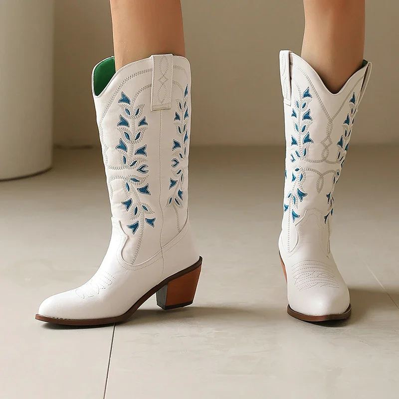 

Green White Navy Blue Embroidery Chunky High Heels Women Shoes Big Size 47 48 290 Foot Length Western Punk Gothic Mid-calf Boots