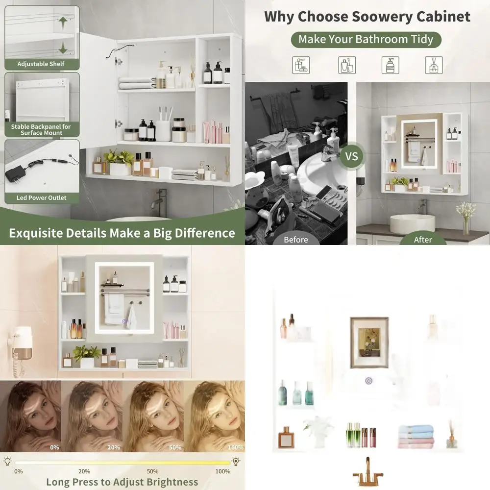 

Настенный зеркальный шкаф со светодиодной подсветкой, 27,5 Вт x 24,3 ч, белое хранилище в стиле фермерского дома для ванной комнаты